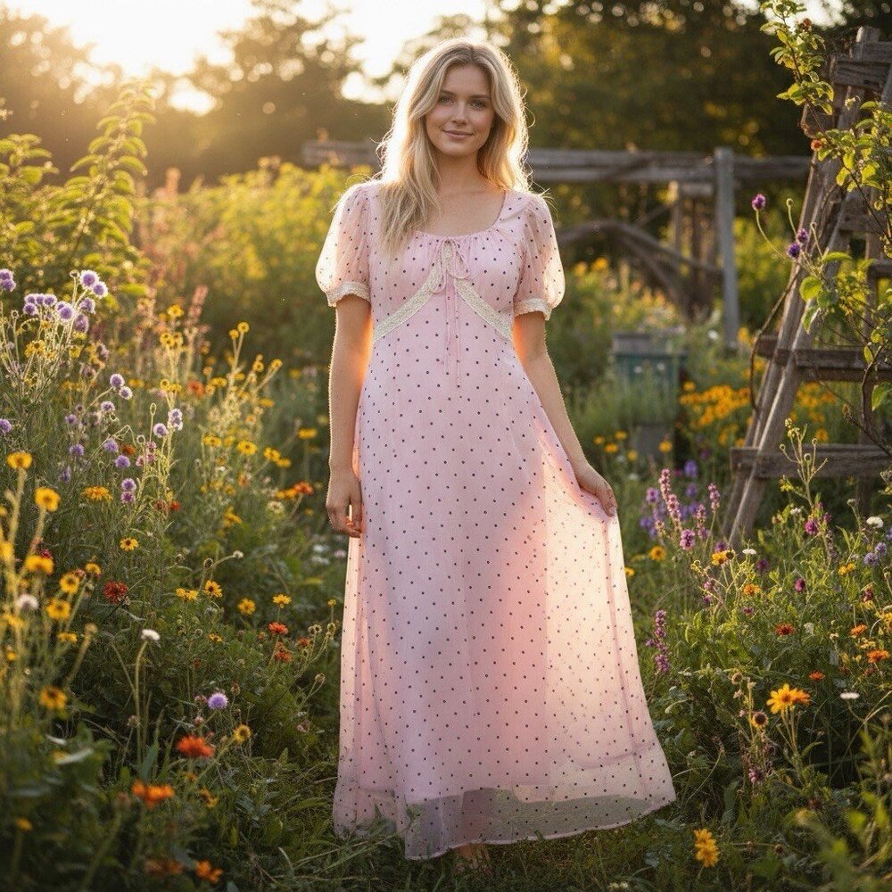 DODC Pink Polka Dot Babydoll Maxi Dress S Small Princess‎ Soft Girl Coquette